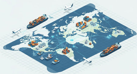 Isometric vector illustration of world logistics. Freight transportation. Cargo ship with containers on world map.の素材