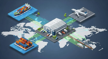 Logistics and transportation of goods by ship and airplane on the world map. 3d illustrationの素材