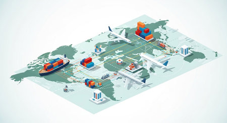 Vector isometric illustration of logistics and cargo transportation on the world map.の素材