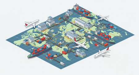 3d isometric illustration of a cargo ship and airplane on a mapの素材