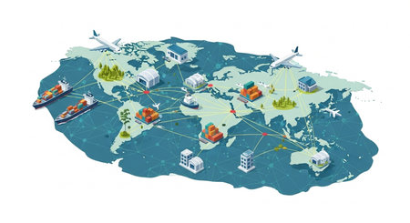 Highly rendering of a global logistics network on top of a mapの素材