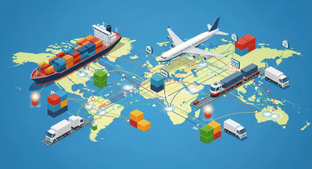 Transportation and logistics concept. Cargo ship, airplane, train and world map. Vector illustrationの素材