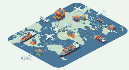 Cargo ships and containers on the map of the world isometric vector illustrationの素材