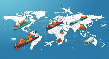 Global logistics and international transportation concept. Freight transportation. Cargo ship, plane, truck, ship and container on world map background.の素材