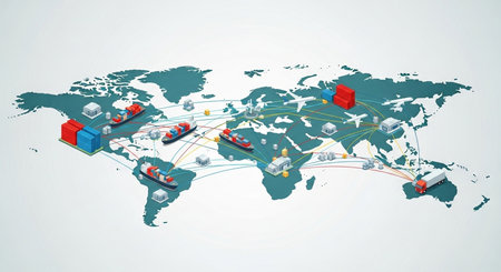 Global logistics network on world map. Global transportation concept. Vector illustration.の素材