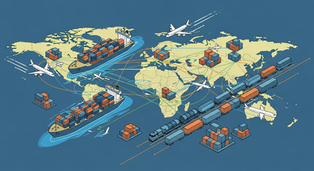 Isometric freight transportation and logistics. Cargo ship with containers, cargo plane, freight train, freight train, cargo plane, container ship, freight plane, freight train on world map.の素材