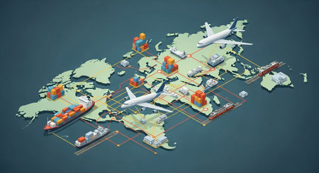 Transport and logistics on the world map. 3d illustration.の素材