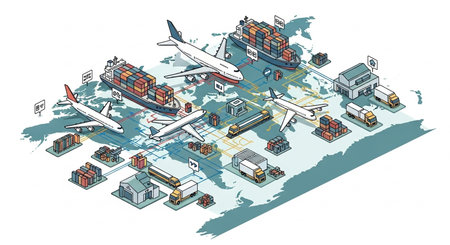 Logistics and transportation isometric concept. Cargo ship, airplane, cargo plane, truck, container, ship, plane, train, warehouse. Vector illustrationの素材