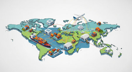 Illustration of a logistics and transportation concept with a map of the worldの素材