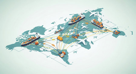 Cargo transportation on the world map. 3d vector illustration.の素材