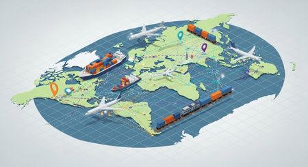 3d isometric illustration of world map, cargo ships and containersの素材