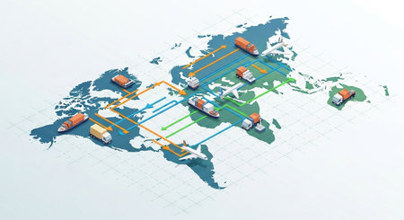Cargo transportation on the world map. 3d vector illustration.の素材