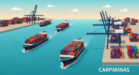 Cargo port with container ships and cranes. Cargo freight transportation concept. Vector illustration.の素材
