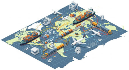 Isometric illustration of a cargo ship on the map of the worldの素材