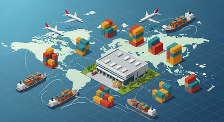 Isometric flat vector illustration of freight transportation and logistics. Cargo ship with containers on world mapの素材