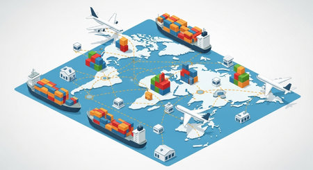 Logistics and transportation of goods around the world isometric vector illustrationの素材