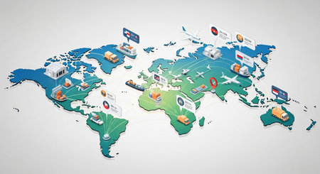 3D isometric vector illustration of transportation and logistics world map.の素材