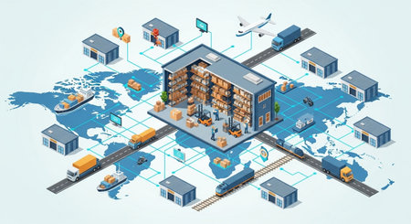 Isometric warehouse and logistics concept. Logistics and transportation of goods. Vector illustrationの素材