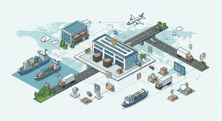 Logistics and transportation isometric concept with warehouse, truck, ship, cargo plane and city map vector illustrationの素材