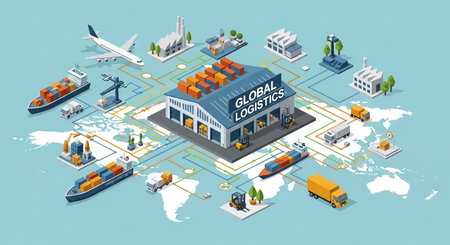 Isometric Global Logistics and Freight Transportation Concept. Vector Illustration.の素材