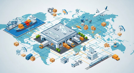 Logistics and transportation isometric concept. Cargo ship, warehouse, warehouse, freight terminal, cargo plane, truck, boxes on world map. Vector illustrationの素材