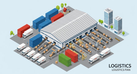 Isometric warehouse concept with warehouse, trucks, warehouse and factory buildings vector illustrationの素材