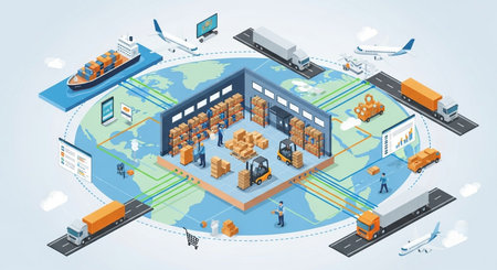 Logistics and transportation isometric concept with warehouse, ship, truck, plane, terminal and people on blue background vector illustrationの素材