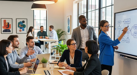 Group of diverse business people working together in modern office. Multiethnic startup business team on meeting in modern workplace.の素材