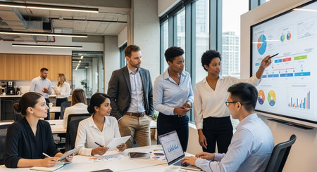 Group of multiethnic business people working together in modern office. Diverse group of business people in smart casual wear working together on project.の素材