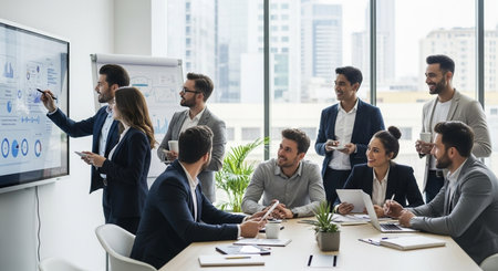 Business people working together in modern office. Group of business people in smart casual wear working together in office.の素材
