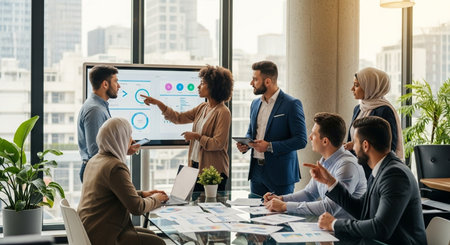 Group of multiethnic business people working and communicating together in modern office.の素材