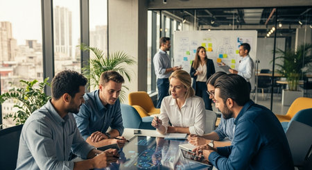 Group of young business people in smart casual wear working and communicating while sitting at the table in officeの素材