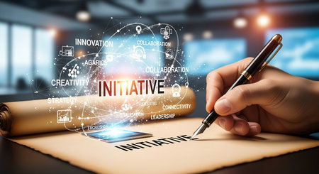 Businessman writing in notebook with INFLUENCE inscription, modern business technology conceptの素材