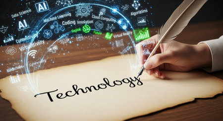 Close-up of female hand writing with pen on paper with technology iconsの素材