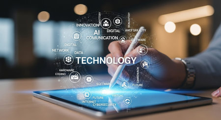 Technology innovation concept on virtual screen. Business, internet and technology concept.の素材