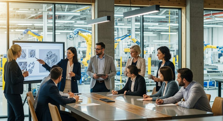 Group of young business people in smart casual wear working together in modern office. Industrial and technology concept.の素材