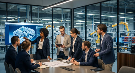 Group of business people working together in modern office. This is a freight transportation and distribution warehouse. Industrial and technology conceptの素材