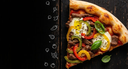 Pizza with beef, pepper, egg and basil on a black wooden backgroundの素材