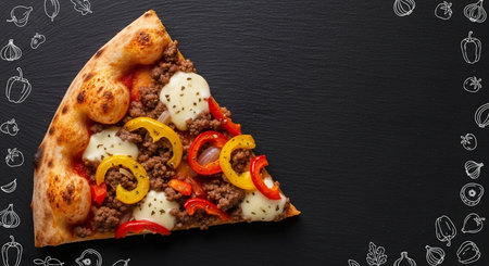 Pizza with meat, vegetables and cheese on a black background. Top viewの素材