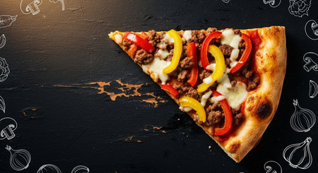 Pizza with meat and vegetables on a black background. Top viewの素材