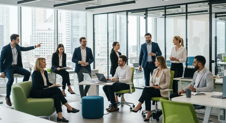Group of business people in smart casual wear working and communicating in modern office.の素材