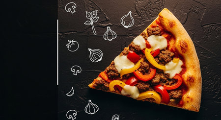 Pizza with meat and vegetables on a black background. Top viewの素材