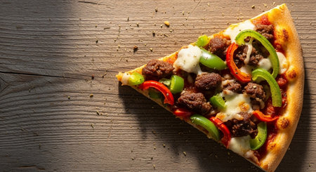 Pizza with meat, pepper, onion and cheese on wooden tableの素材