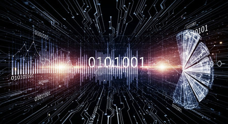 Digital technology background image with binary code and lines. 3d renderingの素材