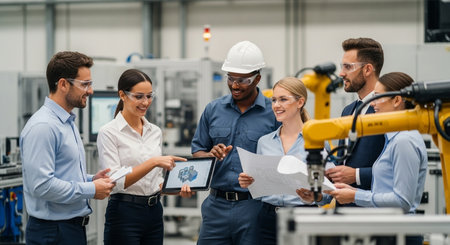 high angle view of smiling engineer in helmet showing blueprint to colleagues in factoryの素材