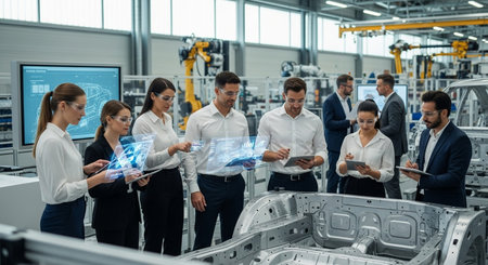 Group of business people working together in modern factory. They are using tablet computers and talkingの素材