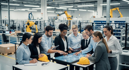 Group of young business people in smart casual wear working together in a modern factory. Industrial and technology conceptの素材