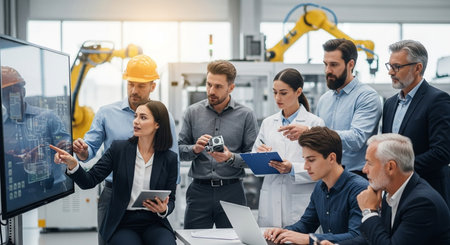Group of business people working together in modern office. They are looking at monitor and smilingの素材