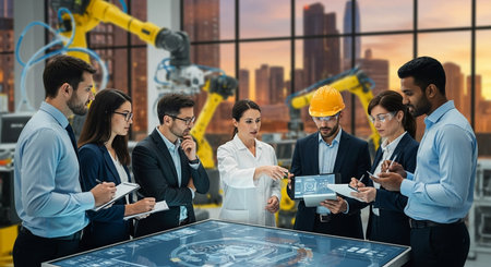 Group of engineers and architects working on project together in modern factory. Concept of robotics technology for industrial revolution and automation manufacturing process.の素材