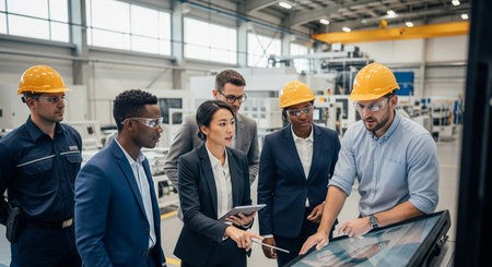 Group of young engineers working together in the factory. This is a freight transportation and distribution warehouse. Industrial and industrial workers conceptの素材